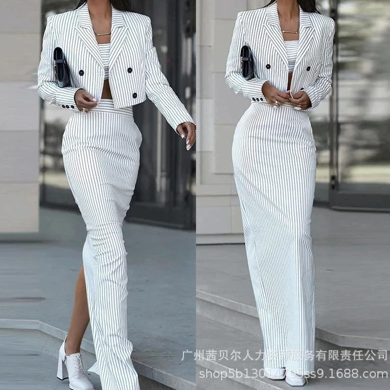 Home Office For Two - Gestreepte Blazer Jas & Slit Rok
