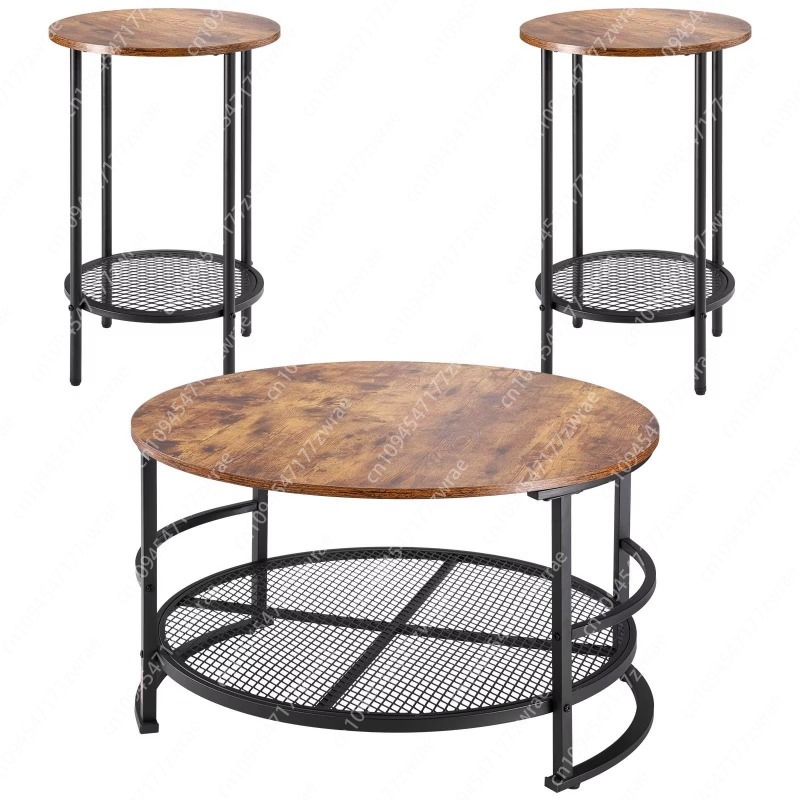 Home Office Industrial Design - Industriële salontafelset, 3-delig, ronde metalen poten,